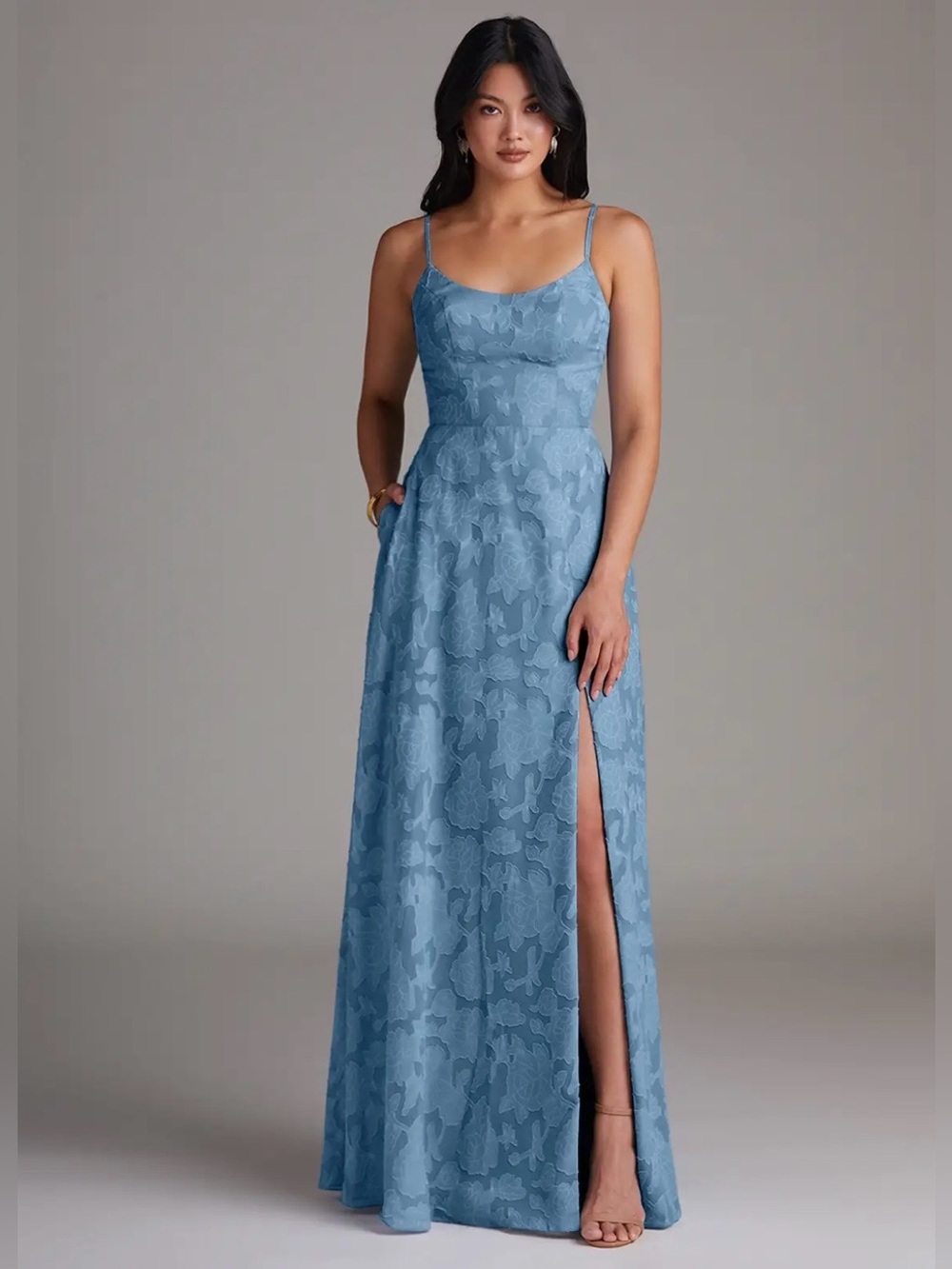 NWT Azazie Moira size 6 steel blue floral burnout bridesmaid dress wedding prom